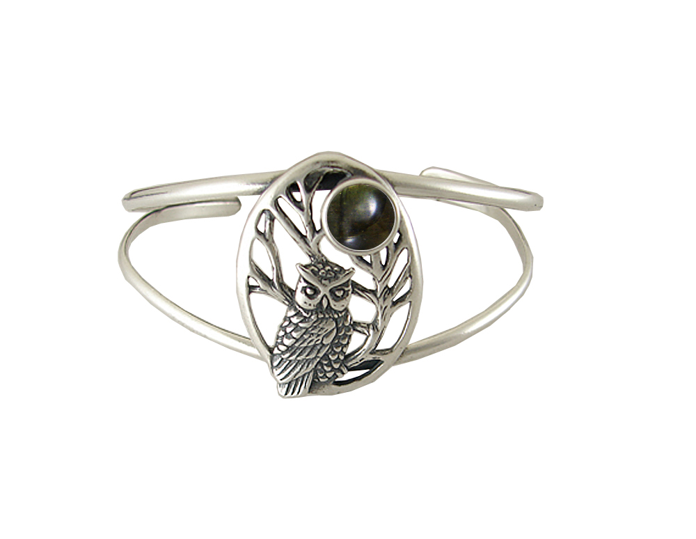 Sterling Silver Owl of the Dark Night Cuff Bracelet with Rainbow Moonstone